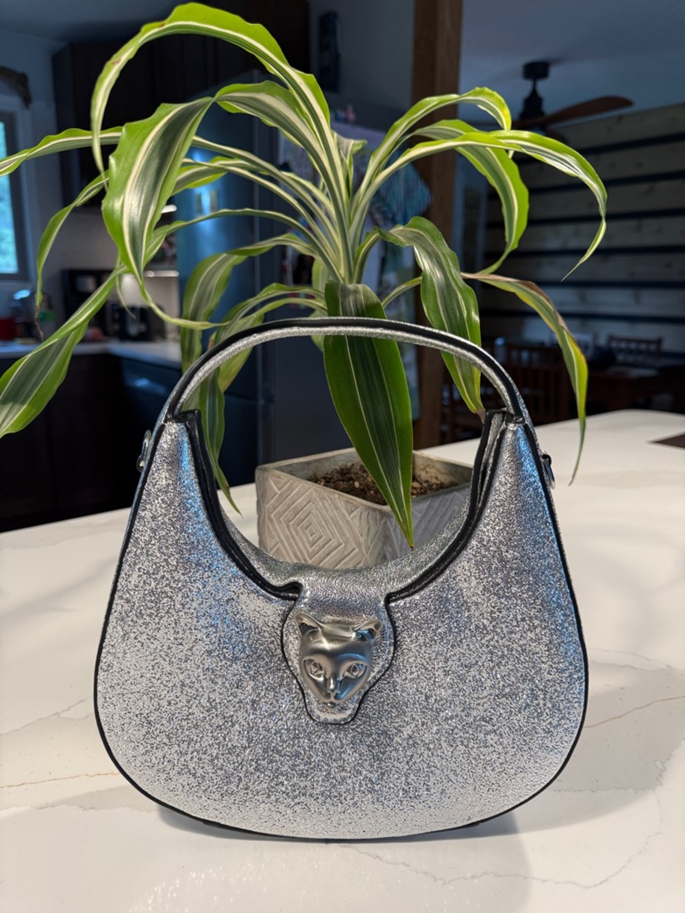 Bafelli Silver Glitter Top-Handle Bag with Panther Accent Crossbody